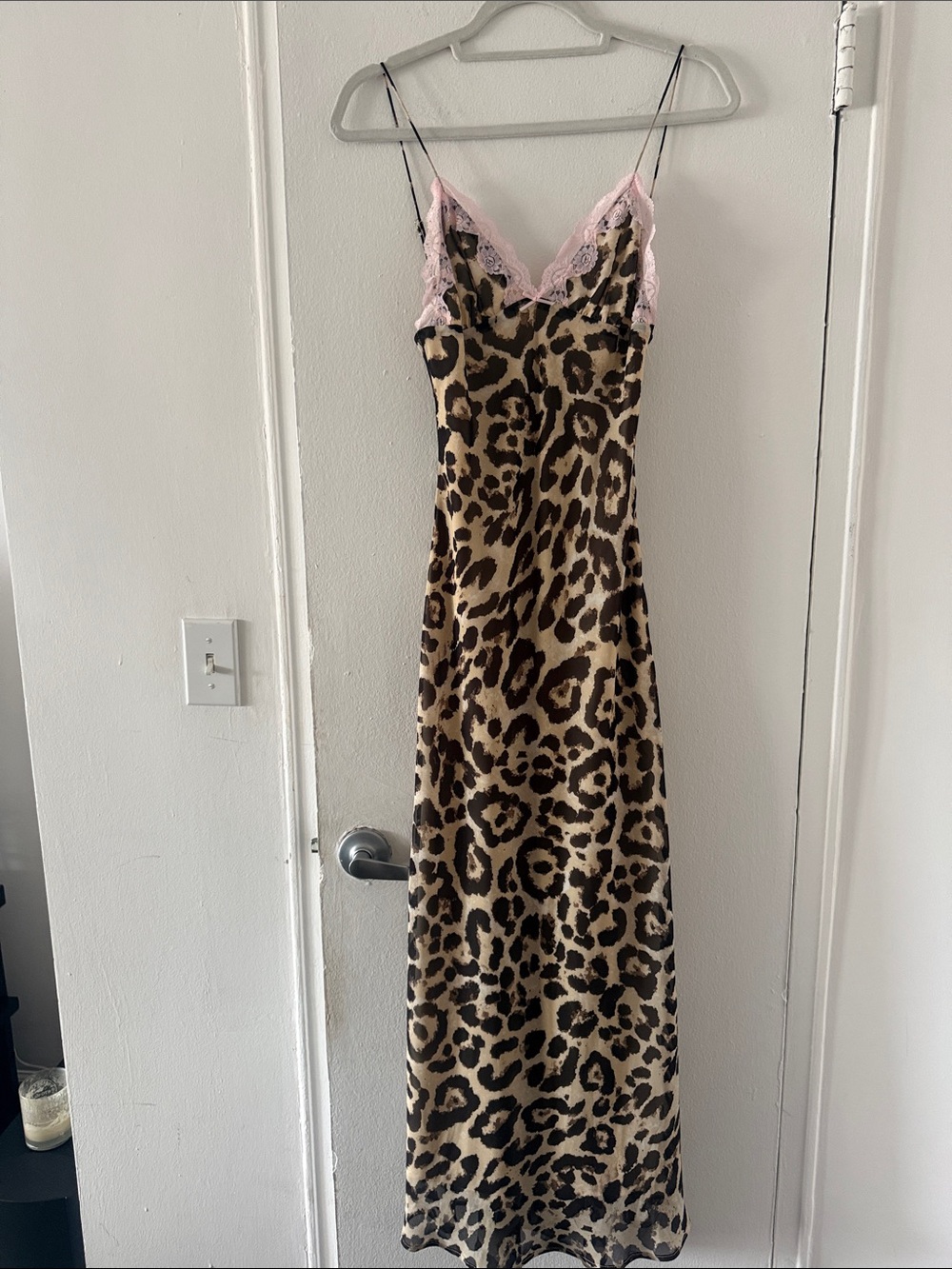 Leopard Print Slip Dress with Pink Lace Trim